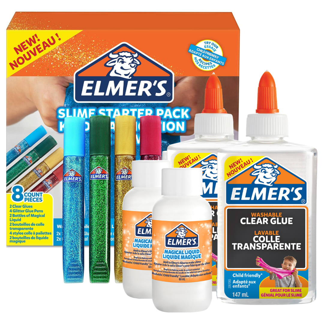 Kit iniciación slime con pegamento Elmerpegamento transparentebarras pegamento con purpurina y solución activadora líquido mágico para slime8 unidades