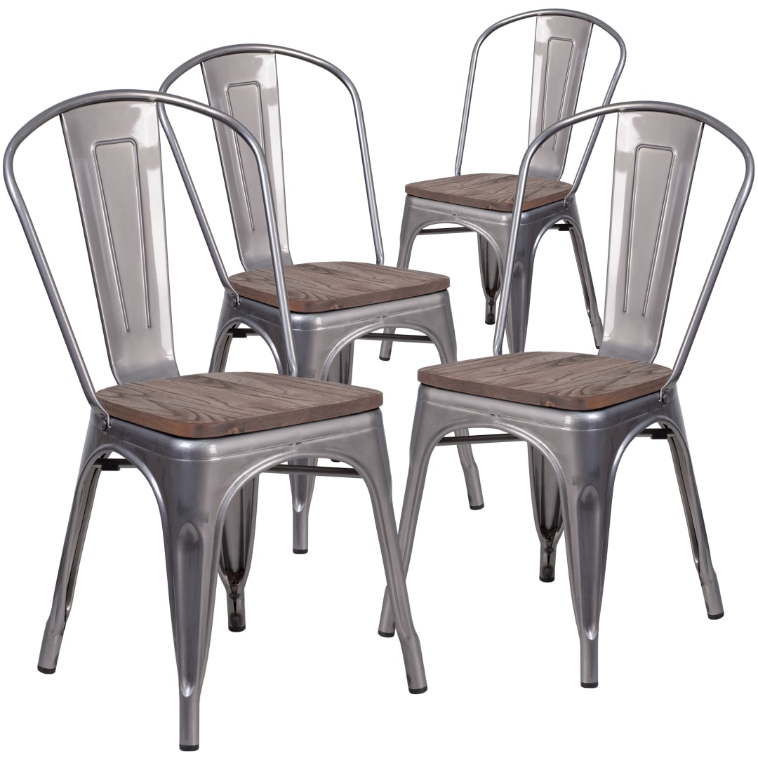 Lincoln 4 Pack Silver Antique Finish with Clear Coat Metal Stackable Chair with Wood Seat