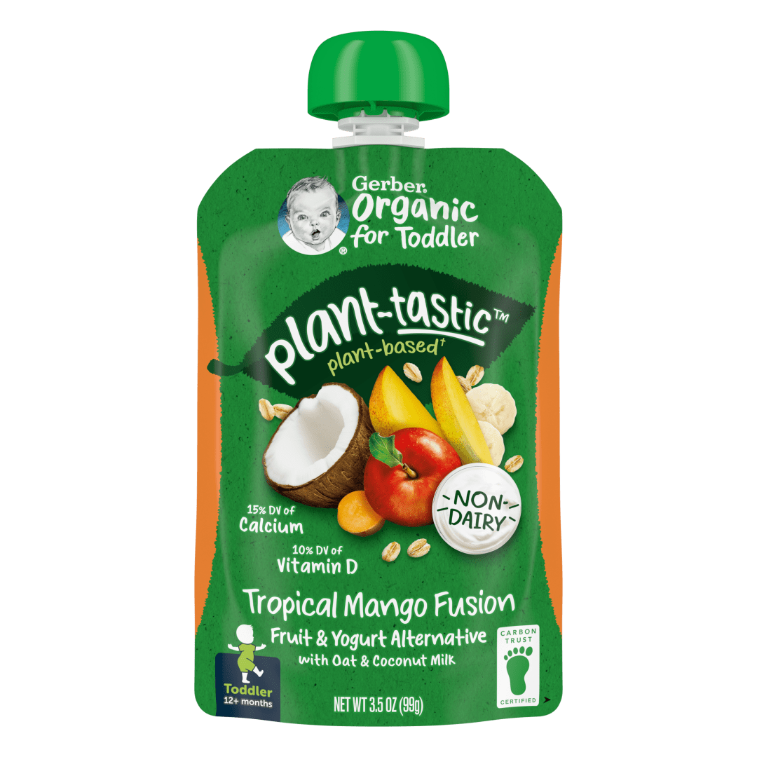 Gerber Organic Toddler Food, Tropical Mango Fusion Fruit and Yogurt with Oat and Coconut Milk Pouch, Non-Dairy, 3.5 oz
