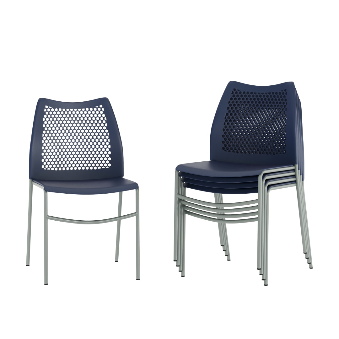 5 Pack HERCULES Navy Stack Chair with Air-Vent Back, Non-Sled Base and Gray Powder Coated Metal Frame