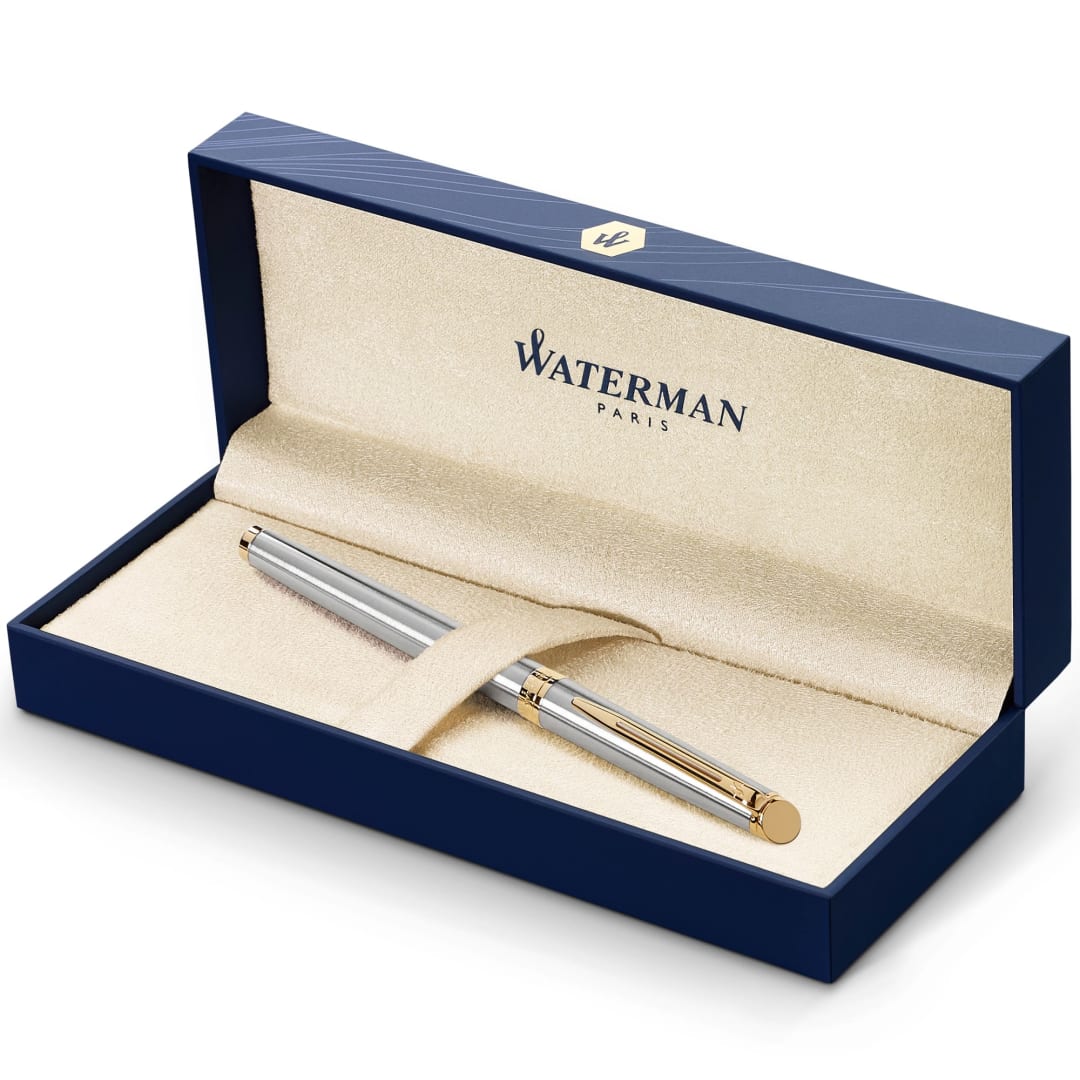 Waterman Hémisphère Fountain Pen | Stainless Steel with 23k Gold Trim | Fine Nib | Blue Ink | Gift Box