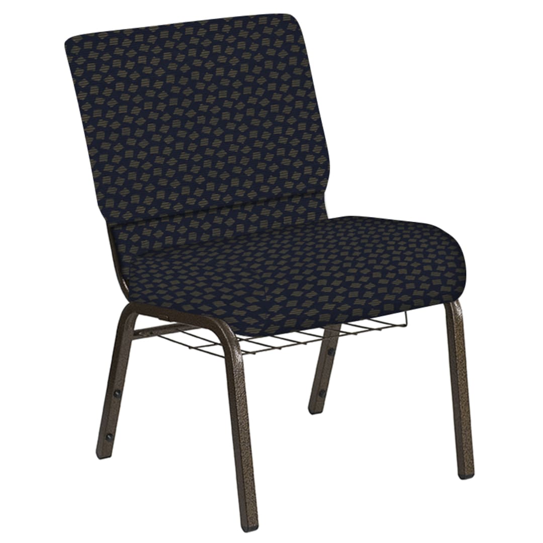 Embroidered 21''W Church Chair in Scatter Deep Cove Fabric with Book Rack - Gold Vein Frame