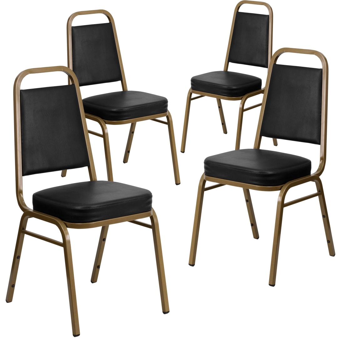 4 Pack HERCULES Series Trapezoidal Back Stacking Banquet Chair in Black Vinyl - Gold Frame