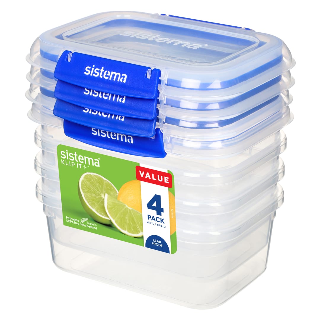 Sistema KLIP IT PLUS recipientes de almacenamiento de alimentos | 1 L | Juego de 4 recipientes herméticos | Sellado hermético | Clips de cierre fácil