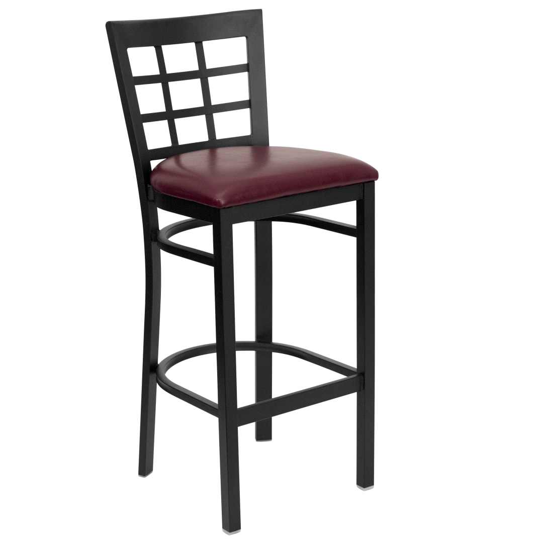 HERCULES Series Black Window Back Metal Restaurant Barstool - Burgundy Vinyl Seat