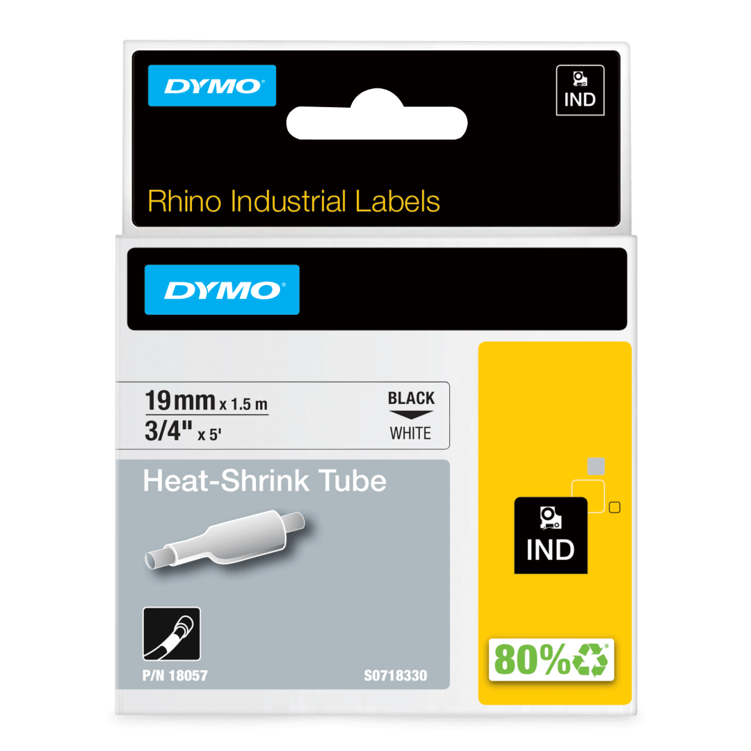DYMO® Rhino Industrial Heat-Shrink Labels, 3/4" Tube, Black Print on White