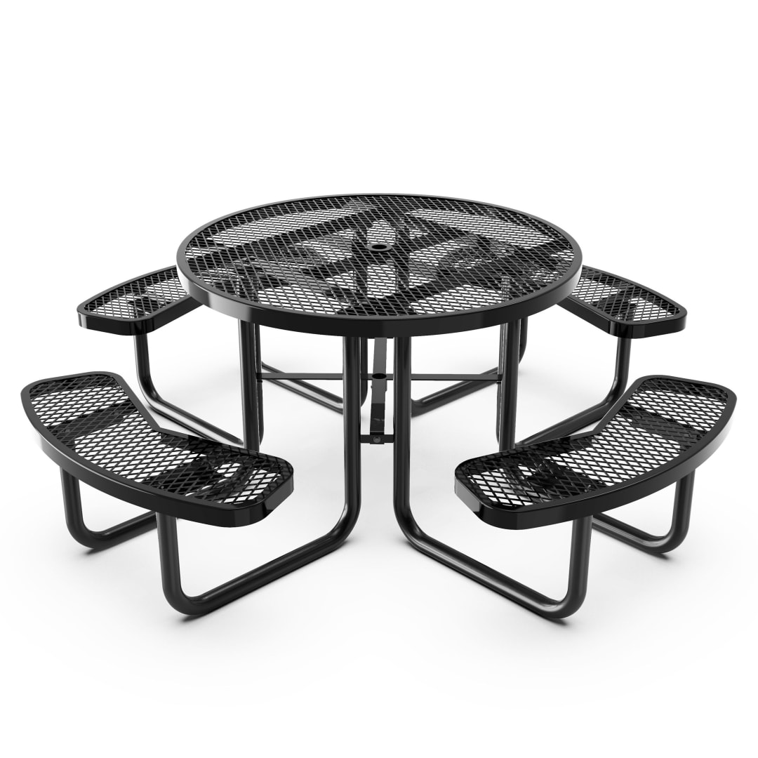 Creekside 46" Round Outdoor Picnic Table with Commercial Heavy Gauge Expanded Metal Mesh Seats and Top with Umbrella Hole, Steel Frame with Anchors