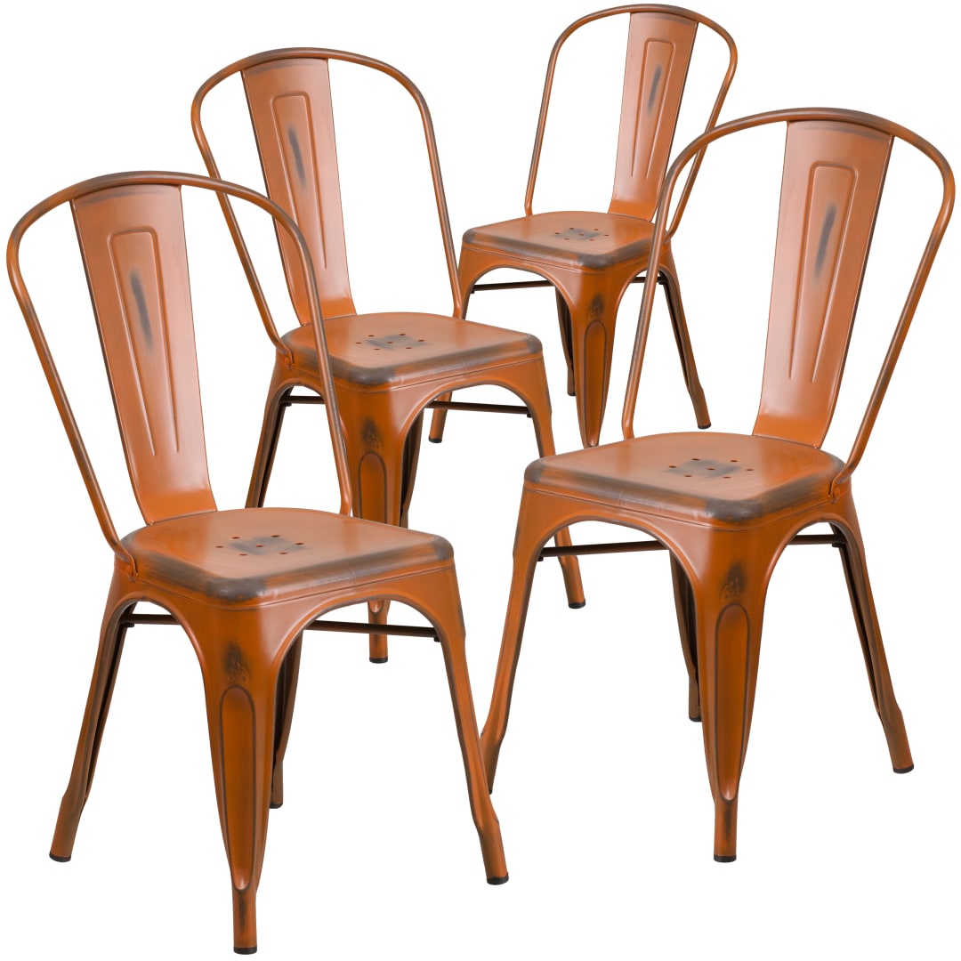 Blake Commercial Grade 4 Pack Distressed Orange Metal Indoor-Outdoor Stackable Chair
