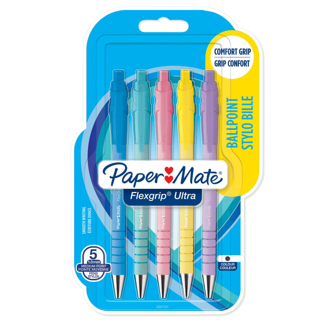 Paper Mate® FlexGrip® Ultra® Pastel Ballpoint Pens | Medium Point (1.0mm) | Black Ink | Pastel Barrels | 5 Count