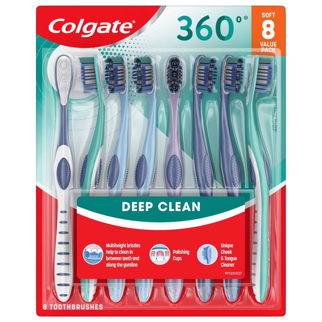 Colgate 360 Whole Mouth Clean Toothbrush, Adult Soft Toothbrushes, 8 Pack