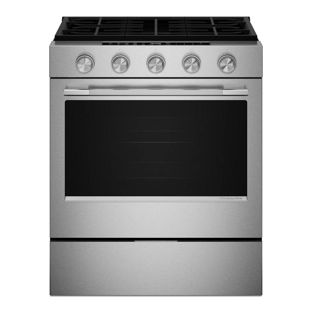 KitchenAid 5 Cu. Ft. Smart Slide-In Natural Gas Range in PrintShield™ Stainless Finish, Model KSGS330SPS