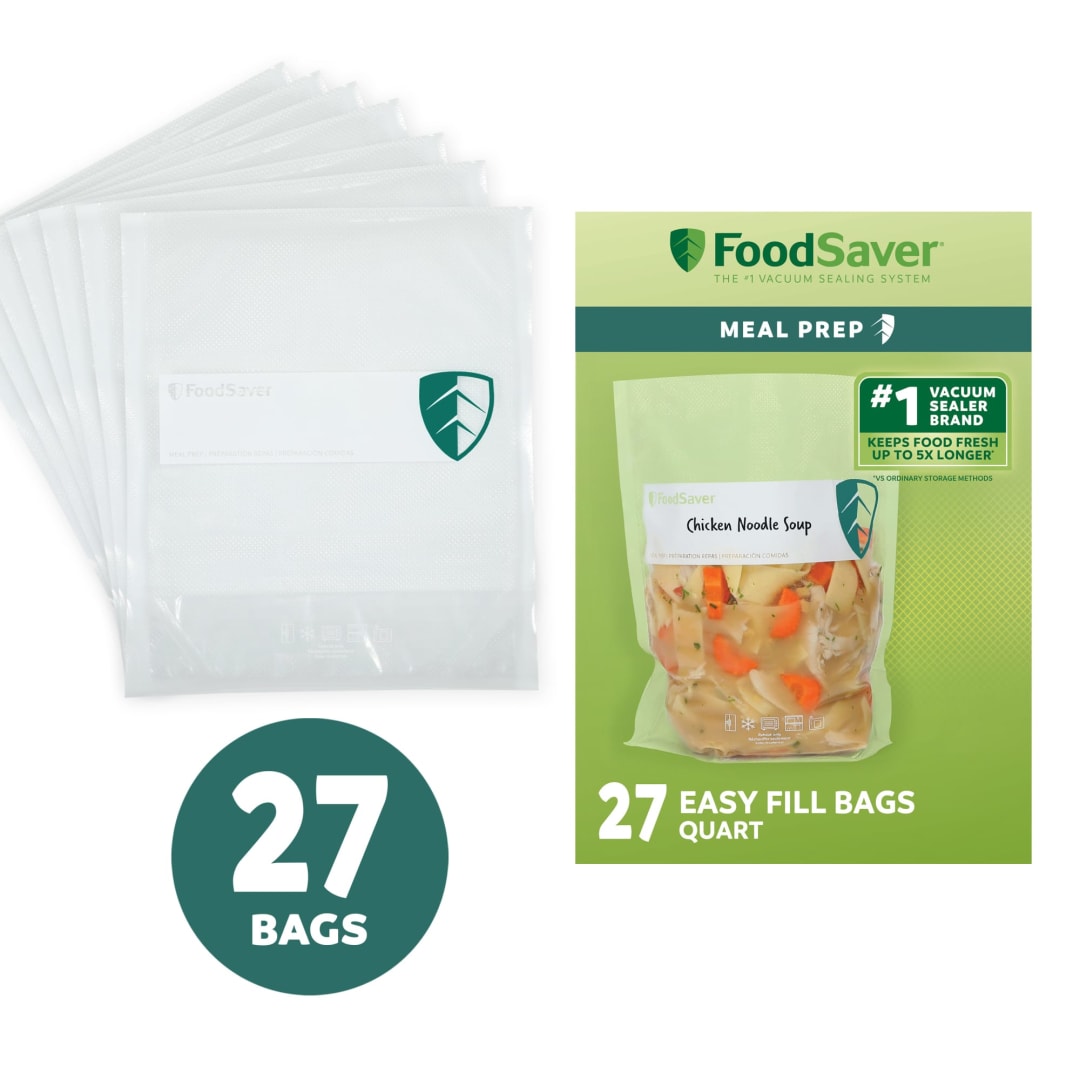 FoodSaver Easy Fill 1-Quart Vacuum Sealer Bags, 27 Count BPA-Free Bags with Free-Standing Design for Meal Prep, Sous Vide, and Food Storage