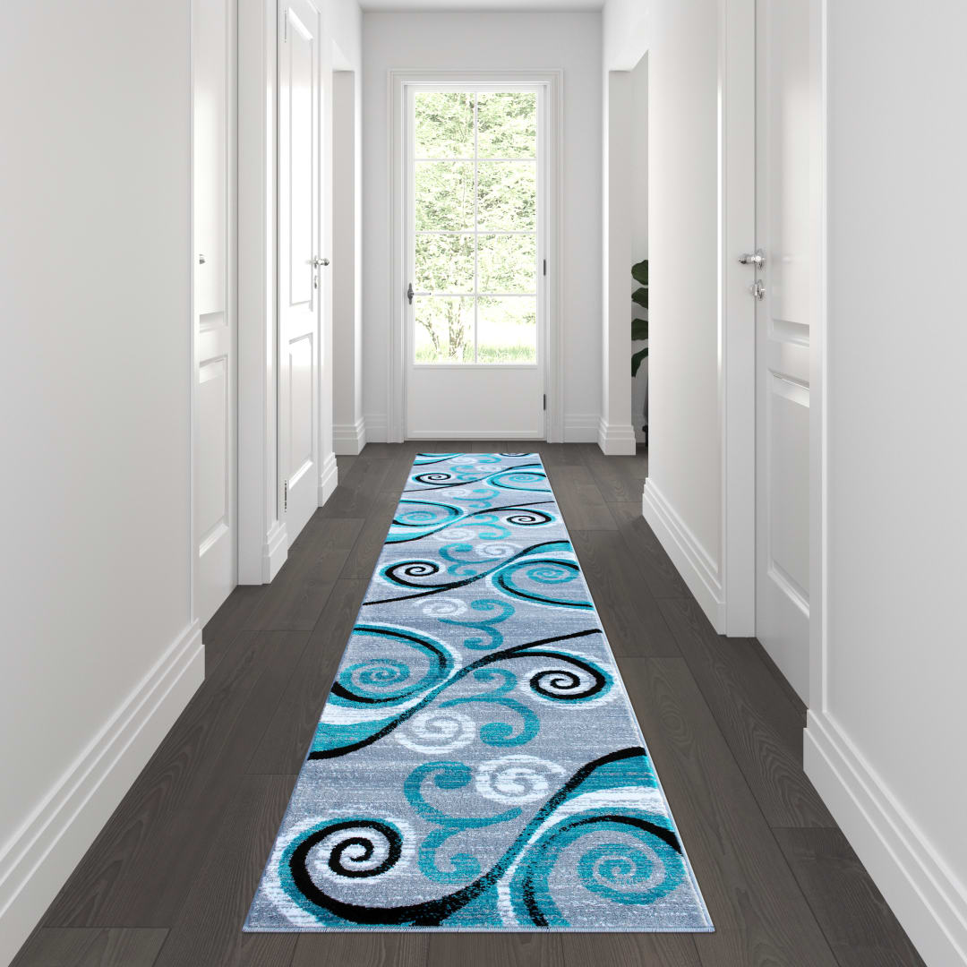 Valli Collection 2' x 11' Turquoise Abstract Area Rug - Olefin Rug with Jute Backing - Hallway, Entryway, Bedroom, Living Room