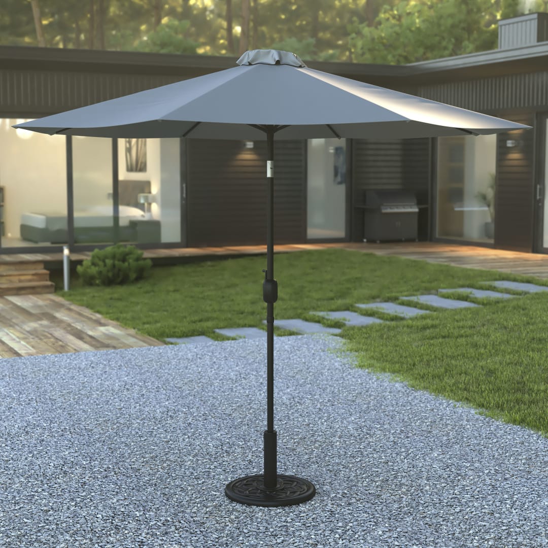 Sunny Gray 9 FT Round Umbrella with Crank and Tilt Function and Standing Umbrella Base
