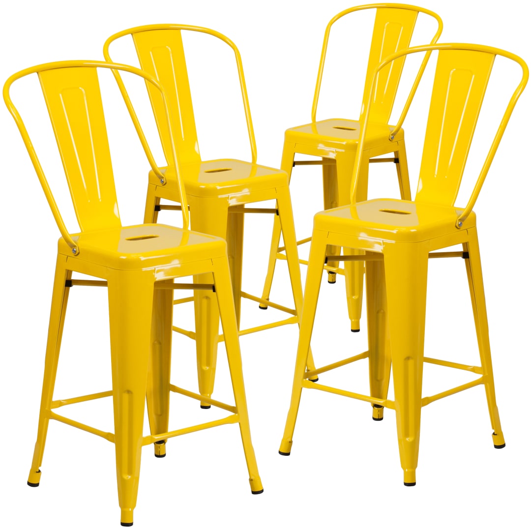Lily Commercial Grade 4 Pack 24" High Yellow Metal Indoor-Outdoor Counter Height Stool with Removable Back