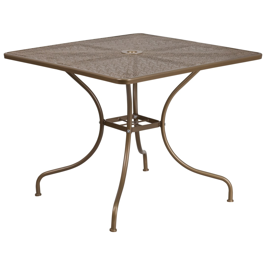 Oia Commercial Grade 35.5" Square Gold Indoor-Outdoor Steel Patio Table with Umbrella Hole