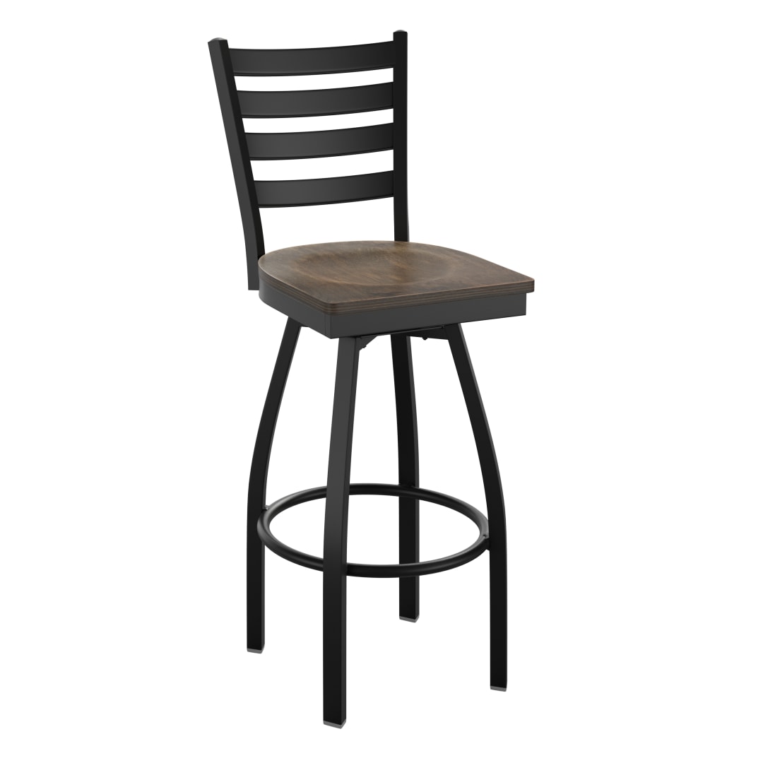 HERCULES Black Ladder Back Swivel Metal Barstool - Antique Copper Wood Seat