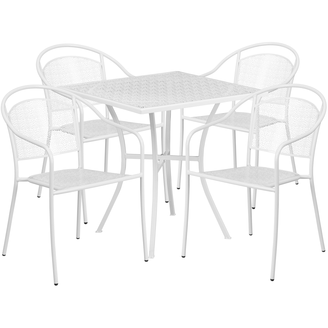 Oia Commercial Grade 28" Square White Indoor-Outdoor Steel Patio Table Set with 4 Round Back Chairs