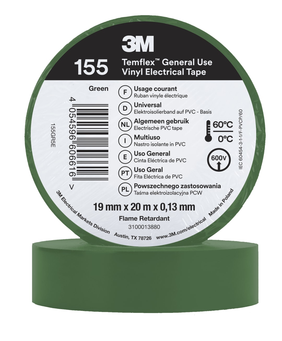 3M™ Temflex™ Vinyl Electrical Tape 155, Green, 19 mm x 20 m, 100 Rolls/Case