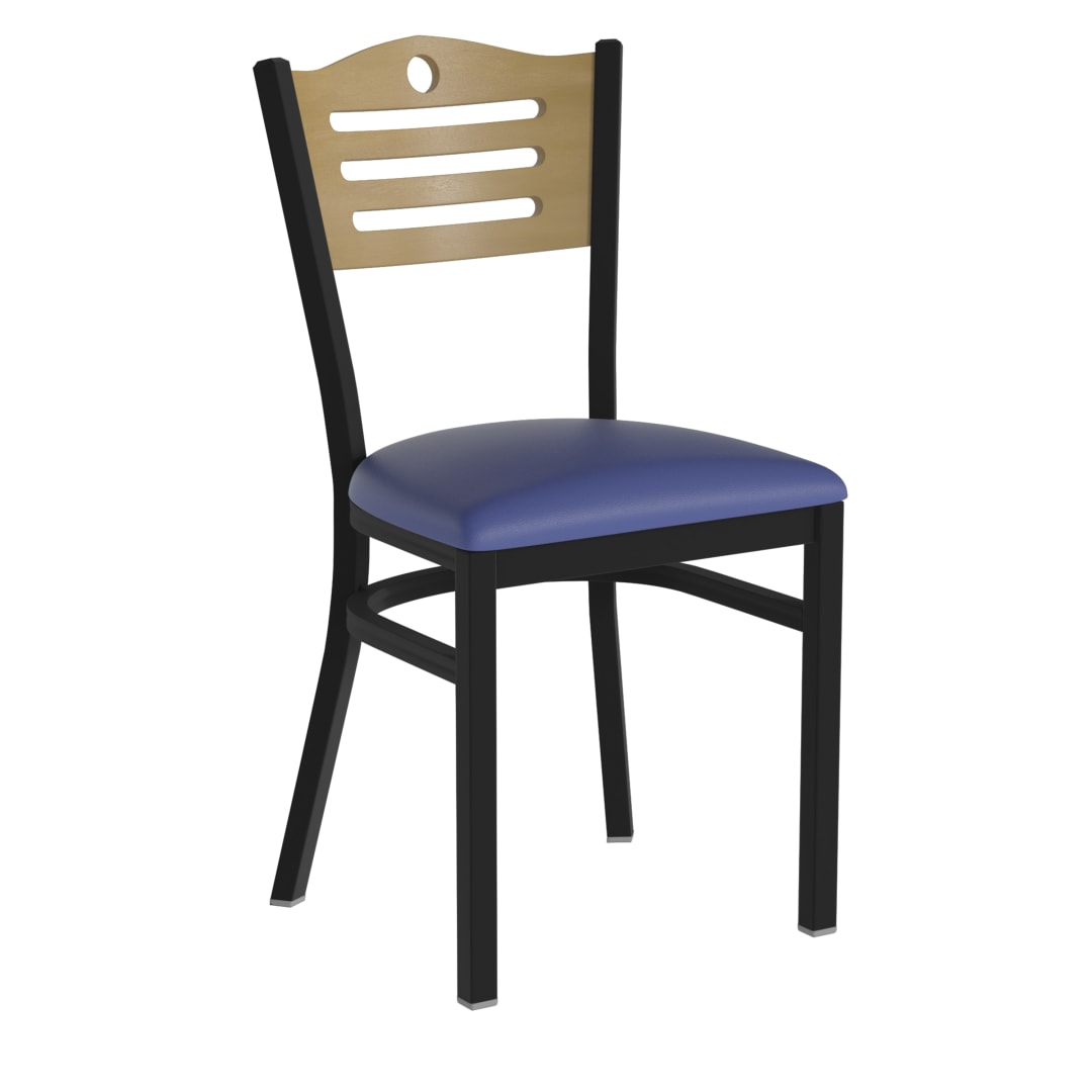 HERCULES Black Slat Back Metal Restaurant Chair - Natural Wood Back, Blue Vinyl Seat
