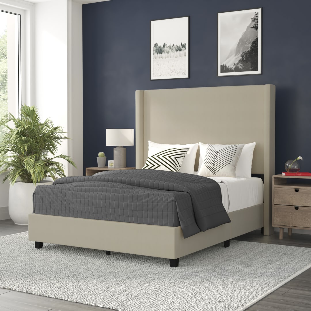 Quinn Full Upholstered Platform Bed with Channel Stitched Wingback Headboard, Mattress Foundation with Slatted Supports, No Box Spring Needed, Beige