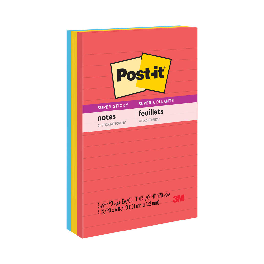 Bloco de Notas Super Adesivas Post-it® Coleção Diversão, Pautado, 101 mm x 152 mm, 3 Blocos/Pacote
