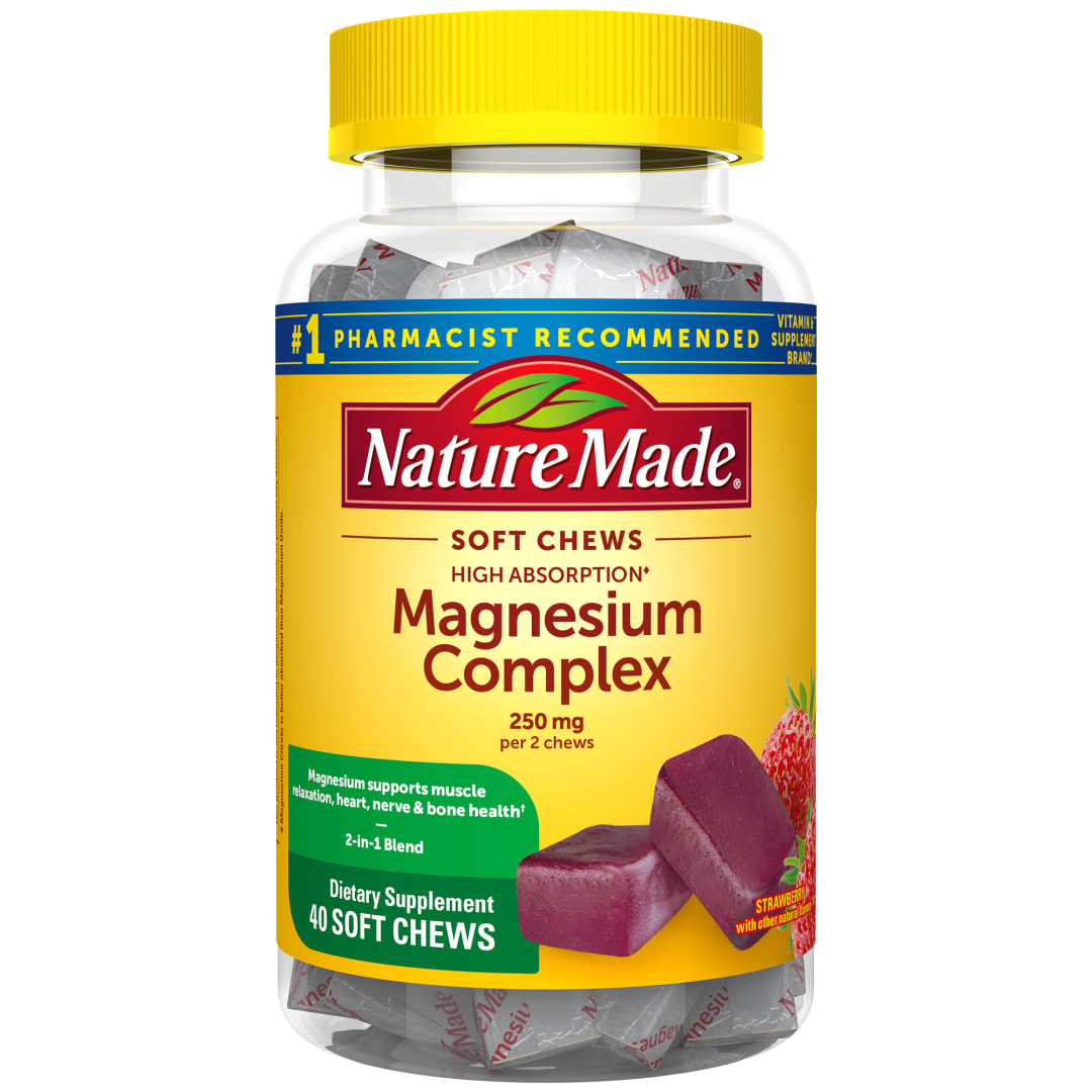 Nature Made High Absorption Magnesium Complex Soft Chews, Magnesium Supplement for Muscle, Heart, Bone Support, Magnesium Citrate & Malate Blend 250 mg per serving, 40 Vegetarian Chews, 20 Day Supply