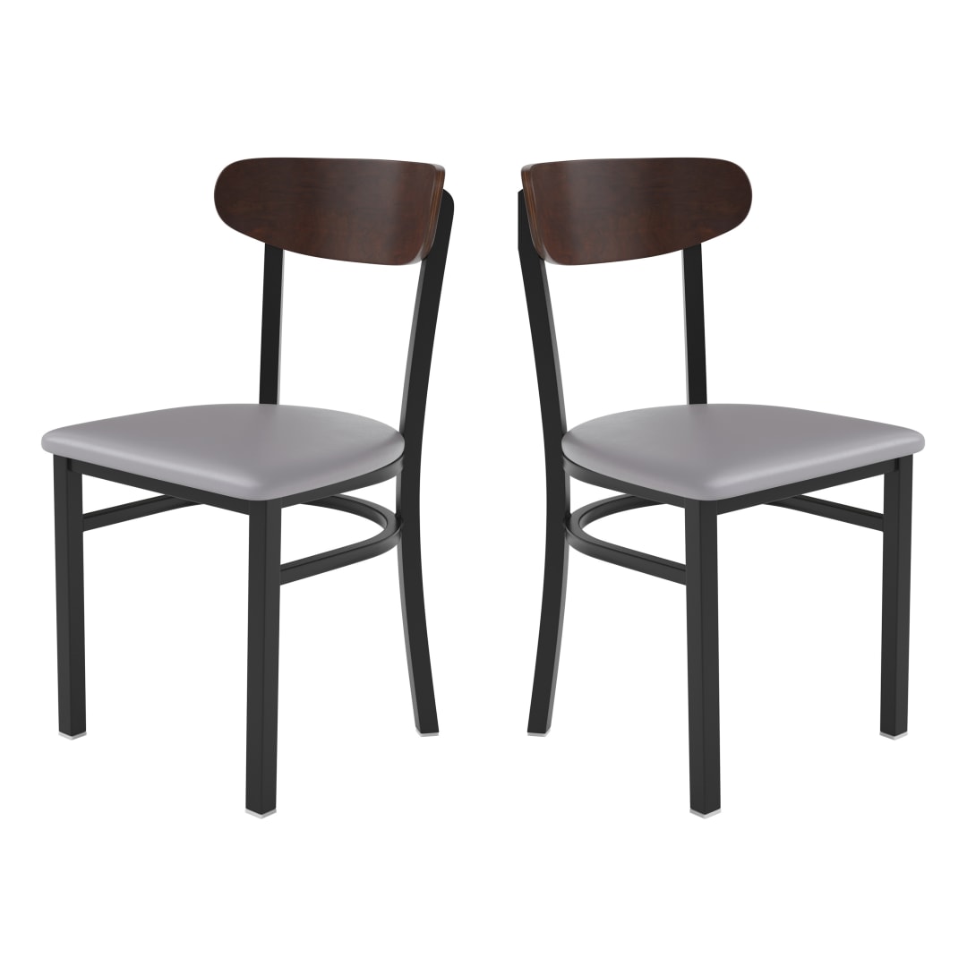Wright Set of 2 Commercial Dining Chairs with 500 LB. Capacity Black Steel Frame, Walnut Finish Wooden Boomerang Back, and Gray Vinyl Seat
