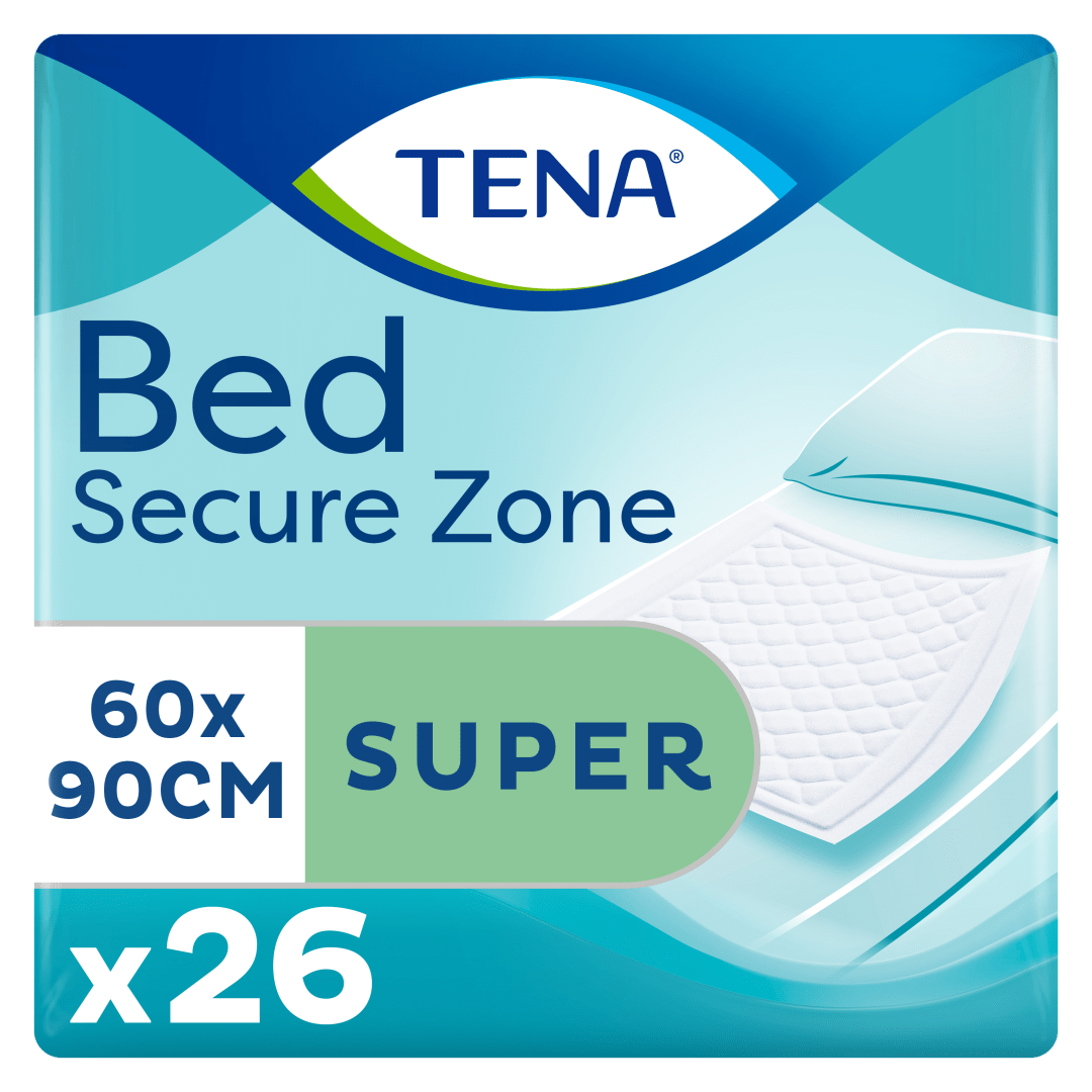 TENA Bed Secure Zone Super – Incontinence Bed Pads for Mattresses, Chairs &amp; Wheelchairs, Secure Zone Pattern with Super-Absorbent Micro Beads, Dermatologically Tested - 60 cm x 90 cm, Pack of 26