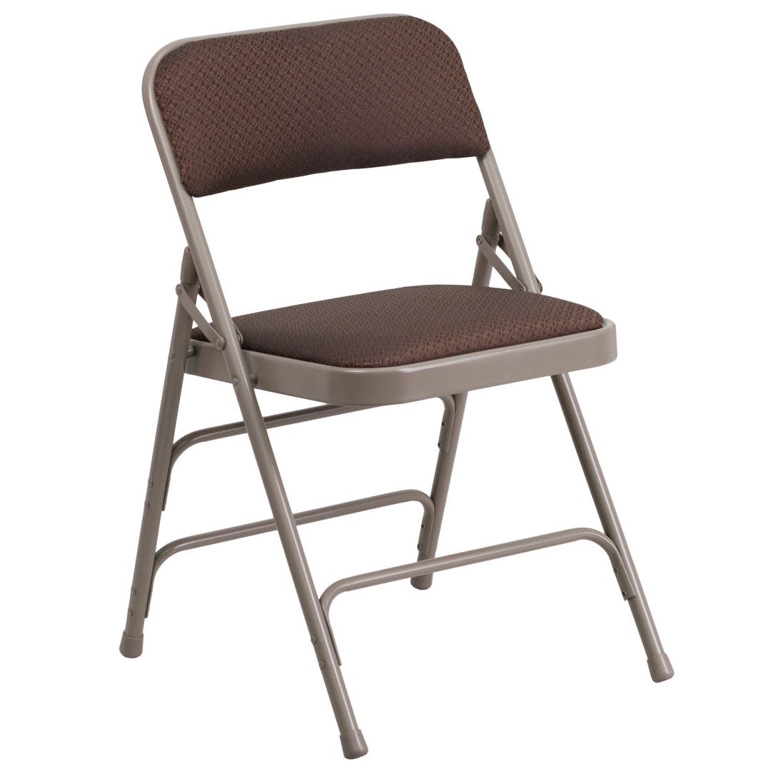HERCULES Series Curved Triple Braced &amp; Double Hinged Brown Patterned Fabric Metal Folding Chair