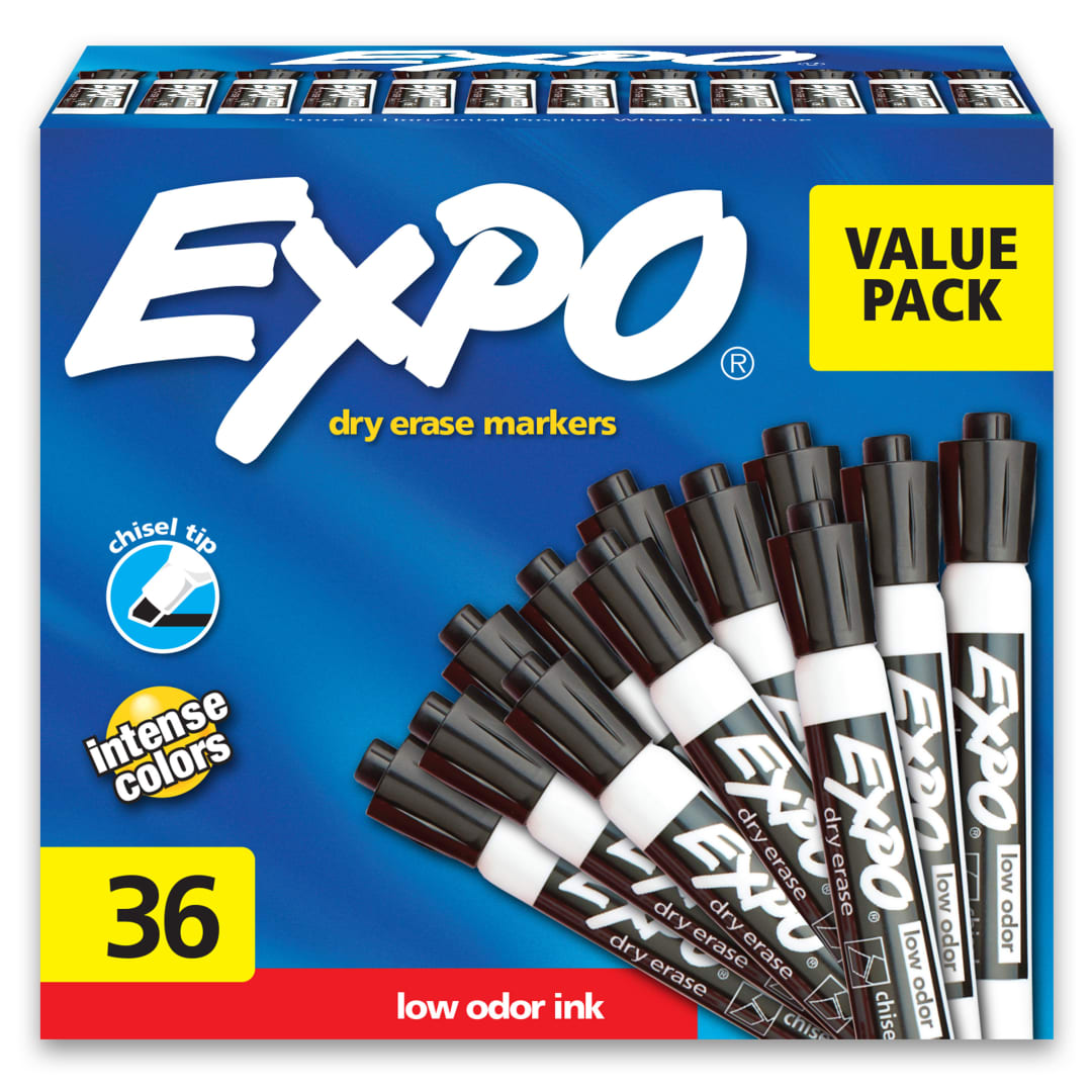 EXPO® Low Odor Dry Erase Markers, Chisel Tip, Black, 36 Count