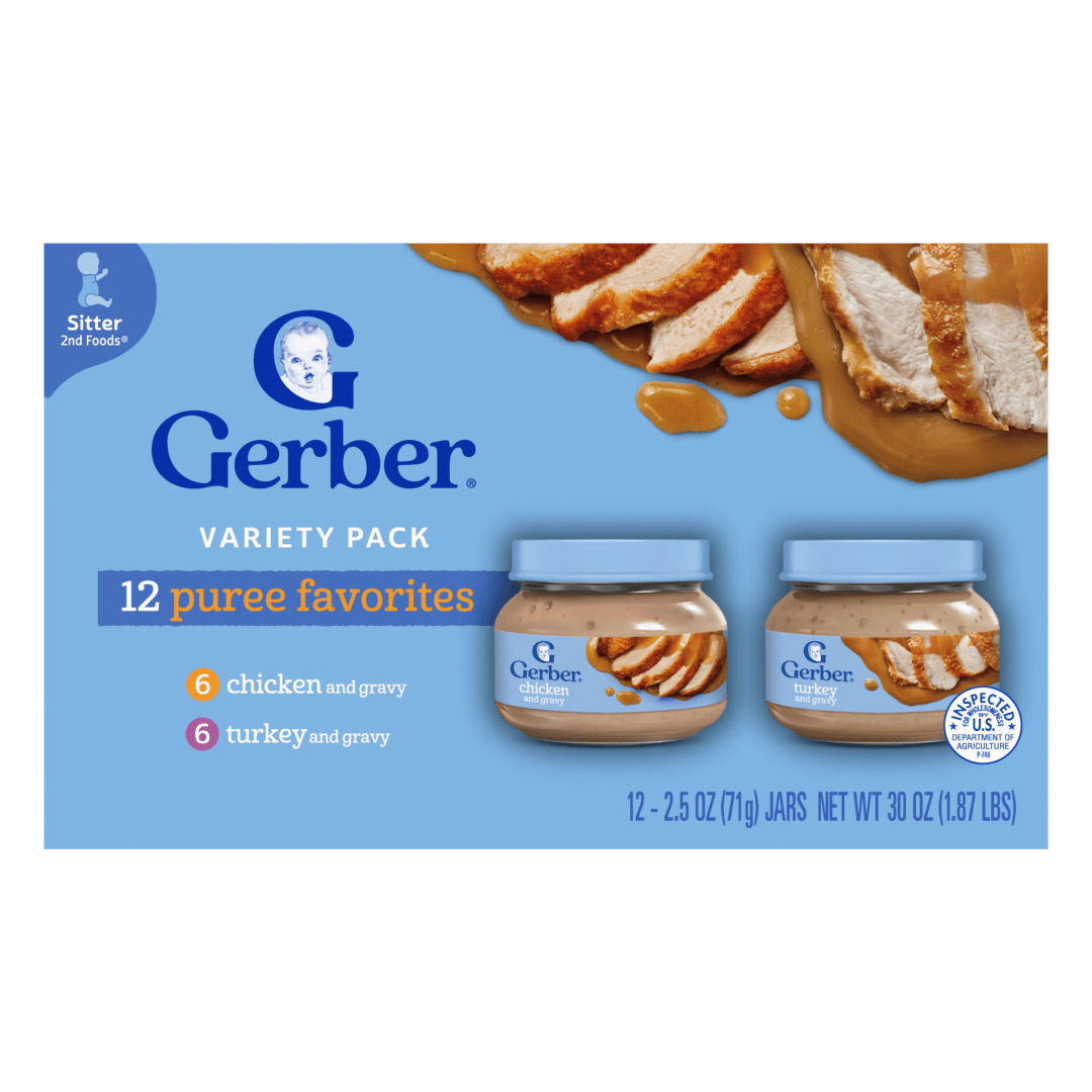 Gerber Stage 2 Baby Food, Chicken & Turkey Variety Pack Jars, Baby Food Puree, 12PK