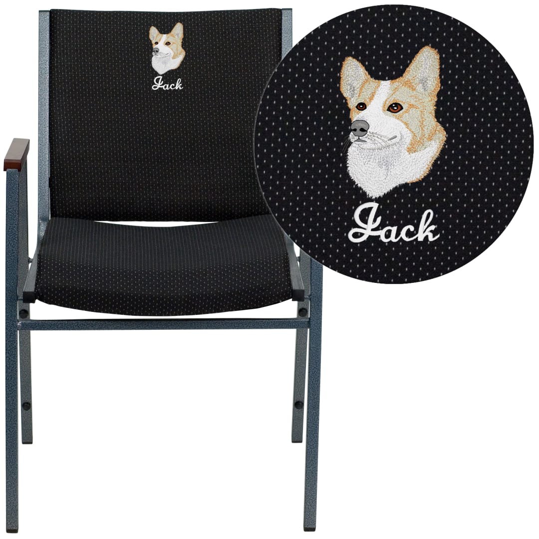 Embroidered HERCULES Series Heavy Duty Black Dot Fabric Stack Chair with Arms