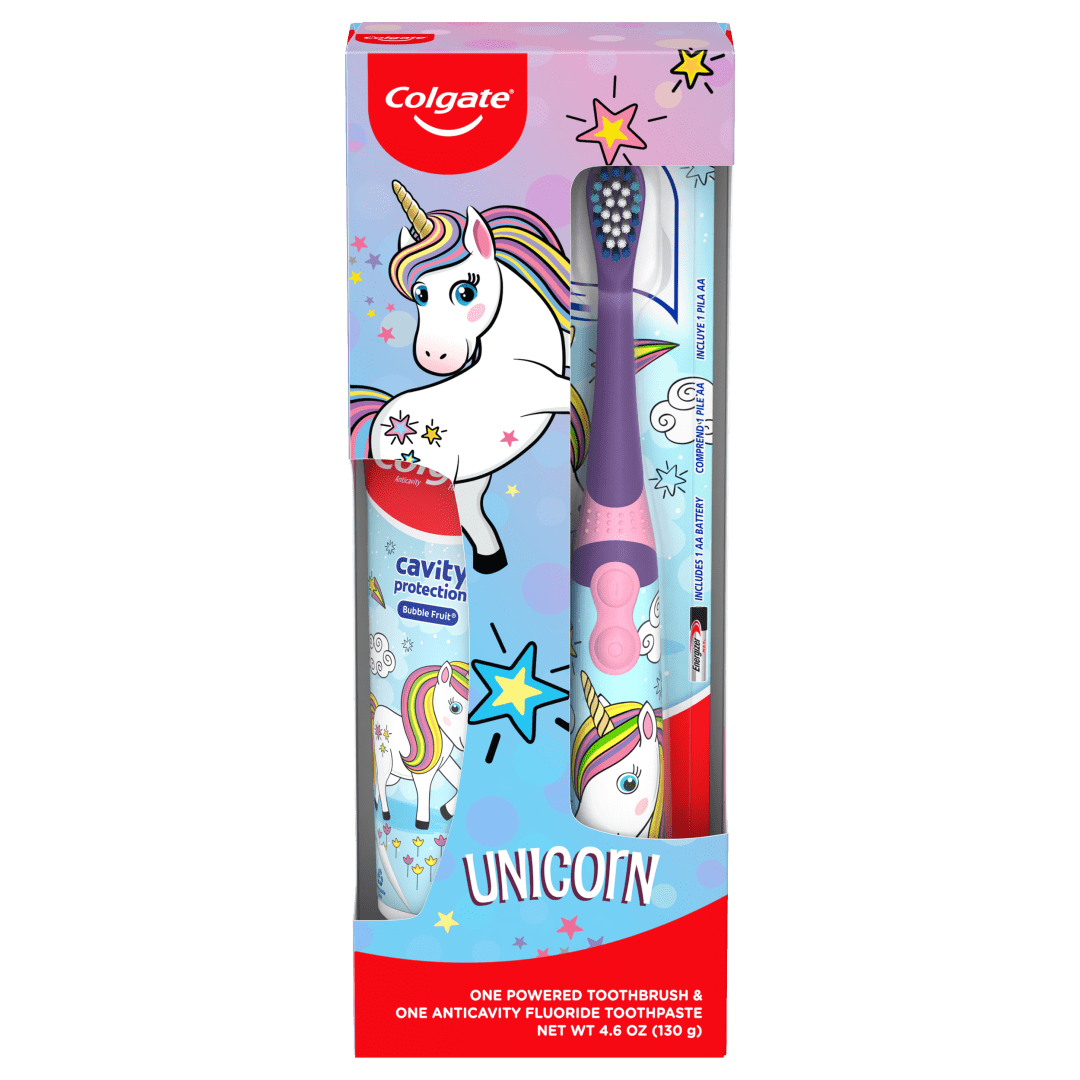 Colgate Kids Toothbrush Set with Toothpaste, Unicorn Gift Set - 1 Battery Tootbrush and 1 Toothpaste