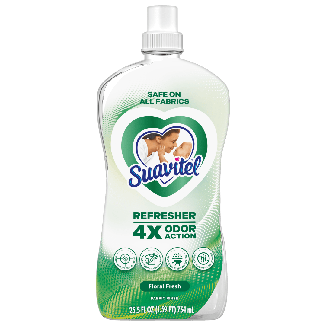 Suavitel Refresher Fabric Rinse and Odor Eliminator, 4X Odor Action, Laundry Freshener for All Fabrics, Works with Any Detergent, Removes Tough Odors, Floral Fresh Scent, 25.5 fl oz Bottle