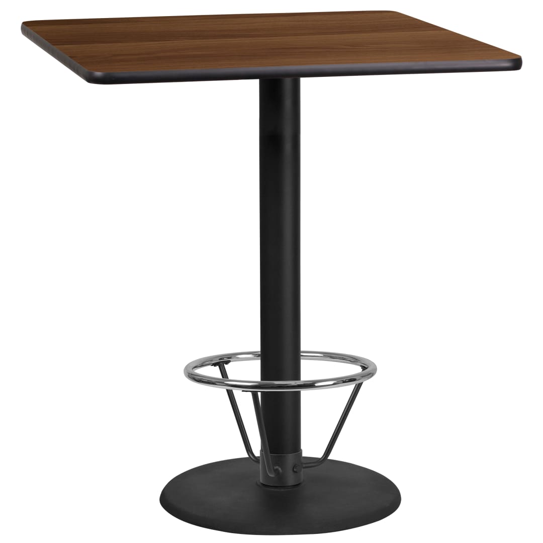 Stiles 36'' Square Walnut Laminate Table Top with 24'' Round Bar Height Table Base and Foot Ring