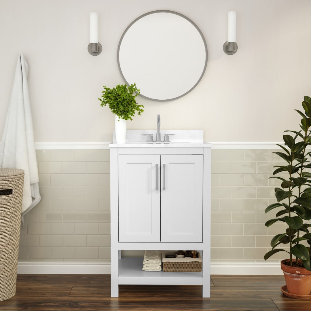 Vega 24 Inch Bathroom Vanity with Sink Combo, Storage Cabinet with Soft Close Doors and Open Shelf, Carrara Marble Finish Countertop, White/White