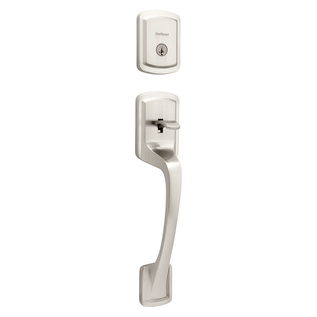 Prague Single Cylinder Exterior Only Handleset featuring SmartKey Security™ in Satin Nickel