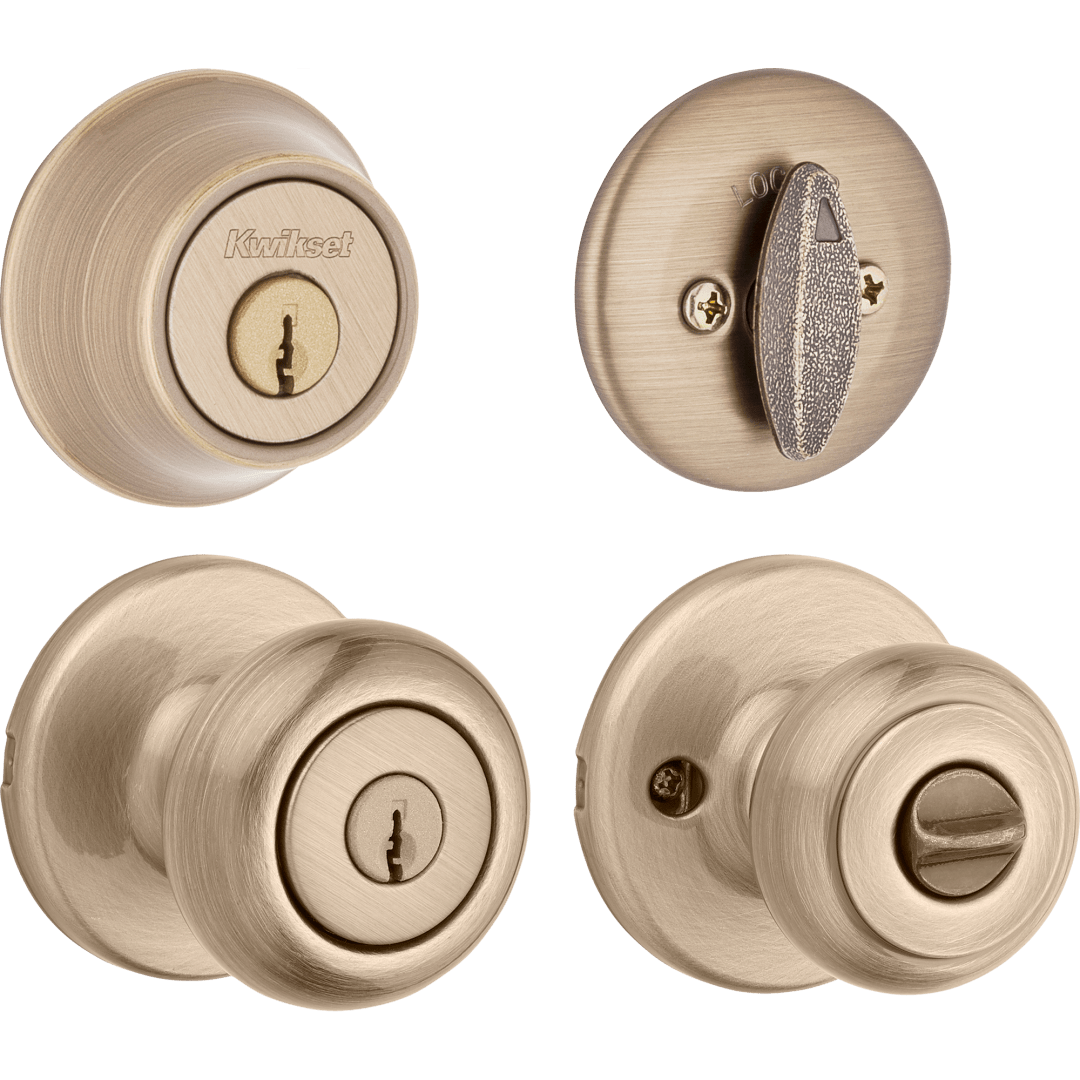 690 Cove Keyed Entry Knob and Single Cylinder Deadbolt Combo Pack in Antique Brass