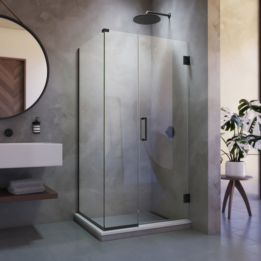 DreamLine Unidoor Plus 38 inch W x 30 3/8 inch D x 72 inch H Frameless Hinged Shower Enclosure in Matte Black