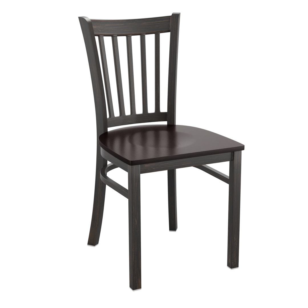 HERCULES Series Distressed Gold Vertical Back Metal Restaurant Chair - Mahogany Wood Seat