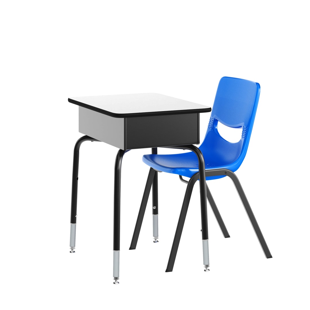 HERCULES Student Desk with Open Front Metal Book Box, Gray Desktop, and Black Frame and Navy Heavy-Duty Flex Comfort Classroom Stack Chair