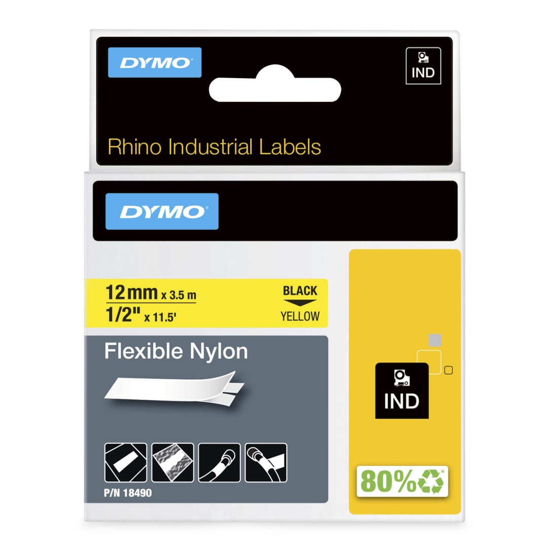 DYMO® Rhino Industrial Flexible Nylon Labels, 1/2" x 11.5', Black Print on Yellow Tape