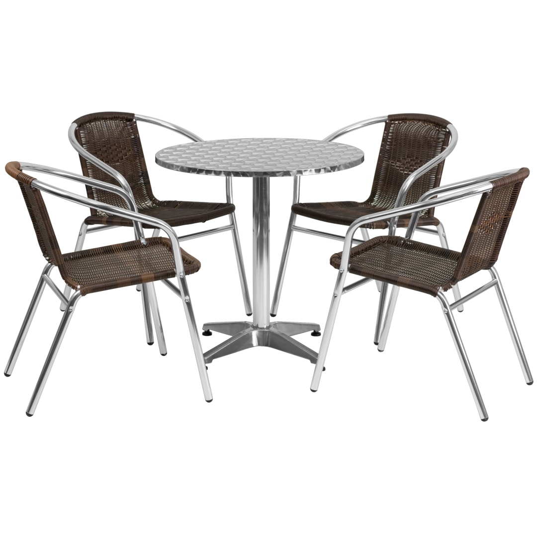 Lila 27.5'' Round Aluminum Indoor-Outdoor Table Set with 4 Dark Brown Rattan Chairs