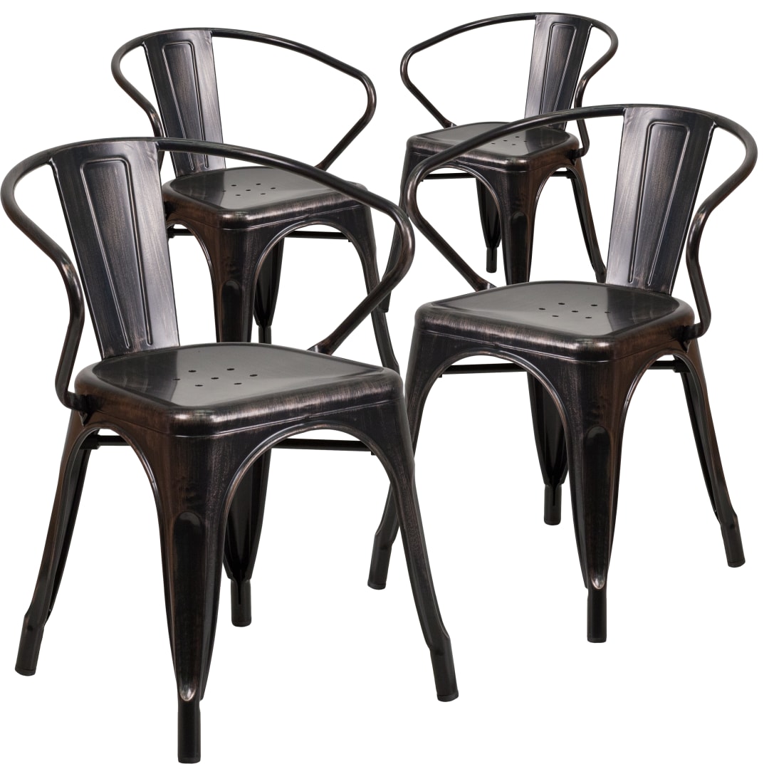 Roy Commercial Grade 4 Pack Black-Antique Gold Metal Indoor-Outdoor Chair with Arms