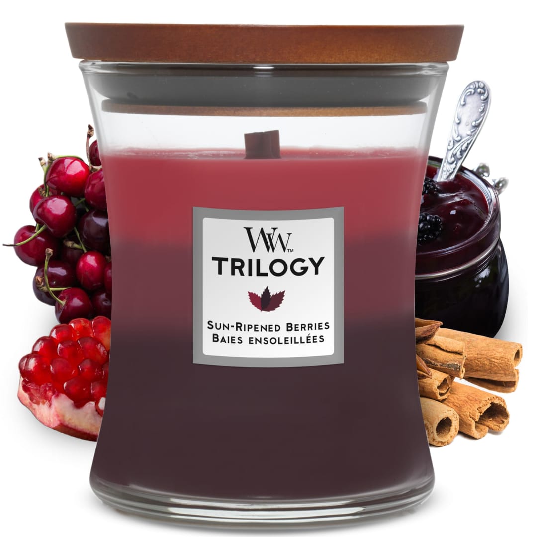 WoodWick® Medium Hourglass Scented Trilogy Candle | Sun-Ripened Berries | with Crackling Wick | Up to 60 Hours Burn Time