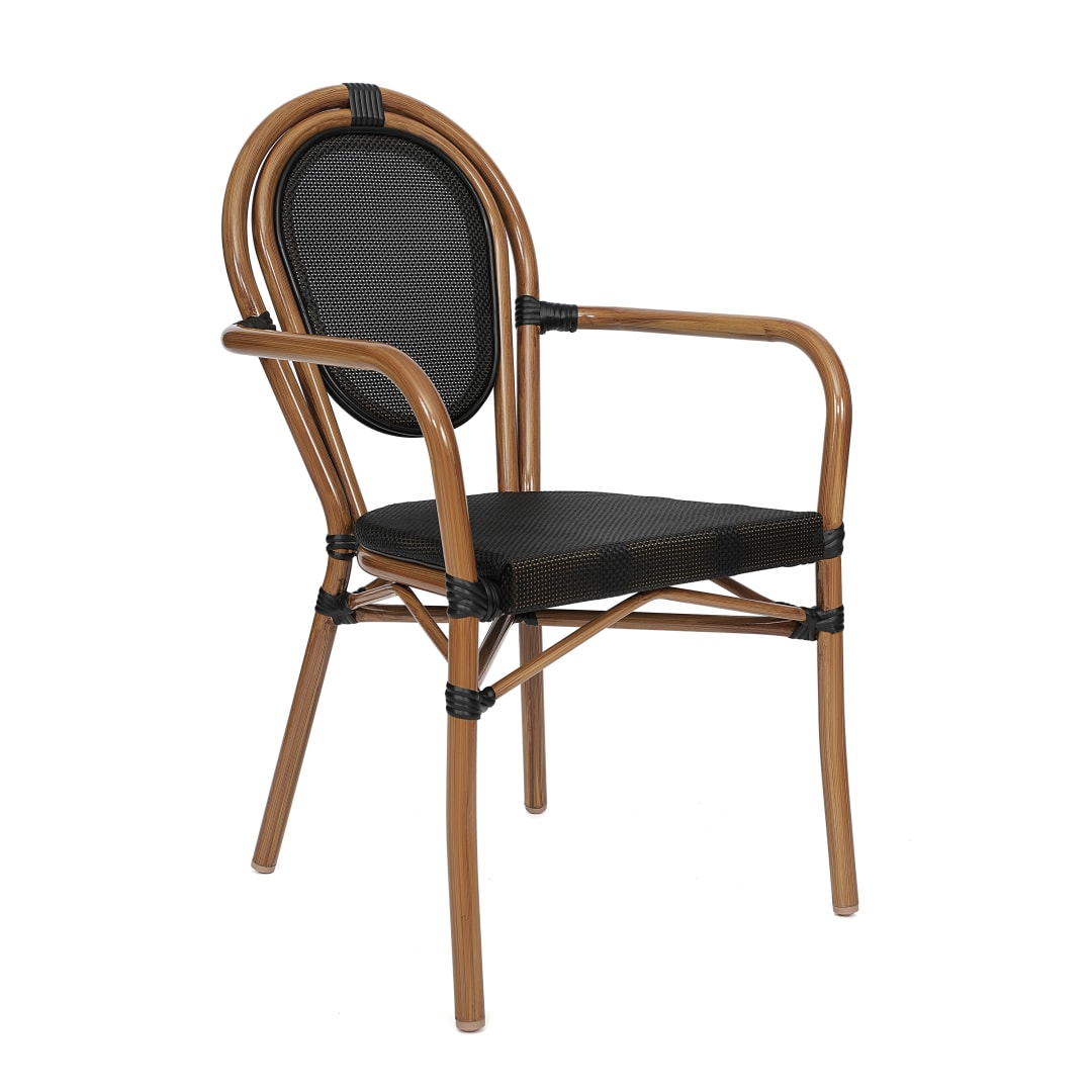 Marseille Indoor/Outdoor Commercial Thonet Bistro Stacking Chair with Arms, Black Textilene and Bamboo Print Aluminum Frame in Natural