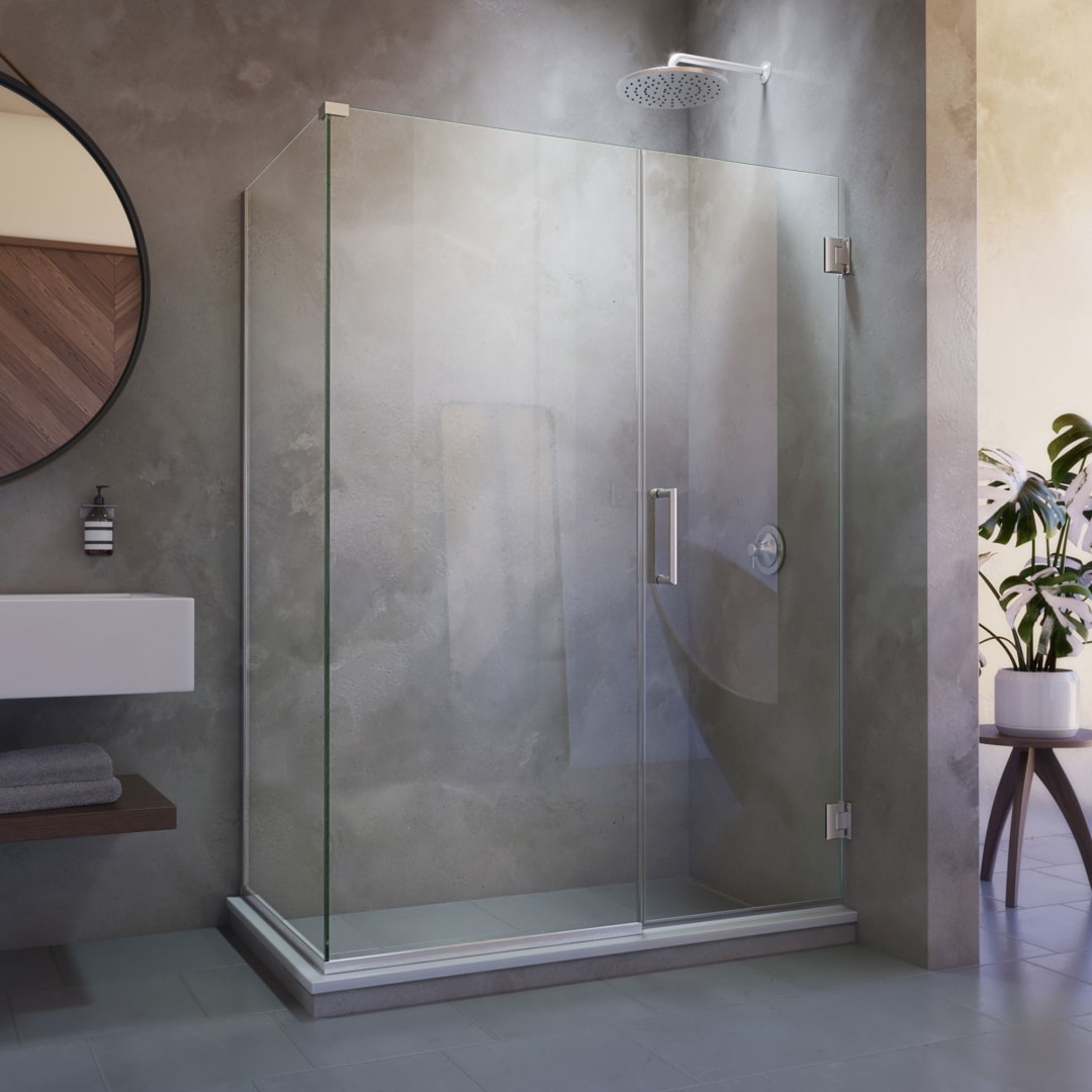 DreamLine Unidoor Plus 57 inch W x 30 3/8 inch D x 72 inch H Frameless Hinged Shower Enclosure in Brushed Nickel