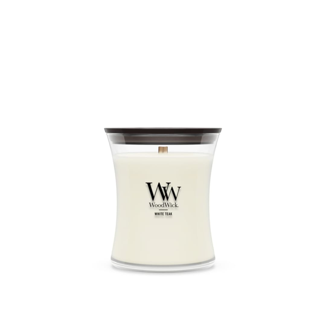 WoodWick® White Teak Scented Medium Hourglass Candle, Crackles as it Burns, Great for gifting, 9.7oz