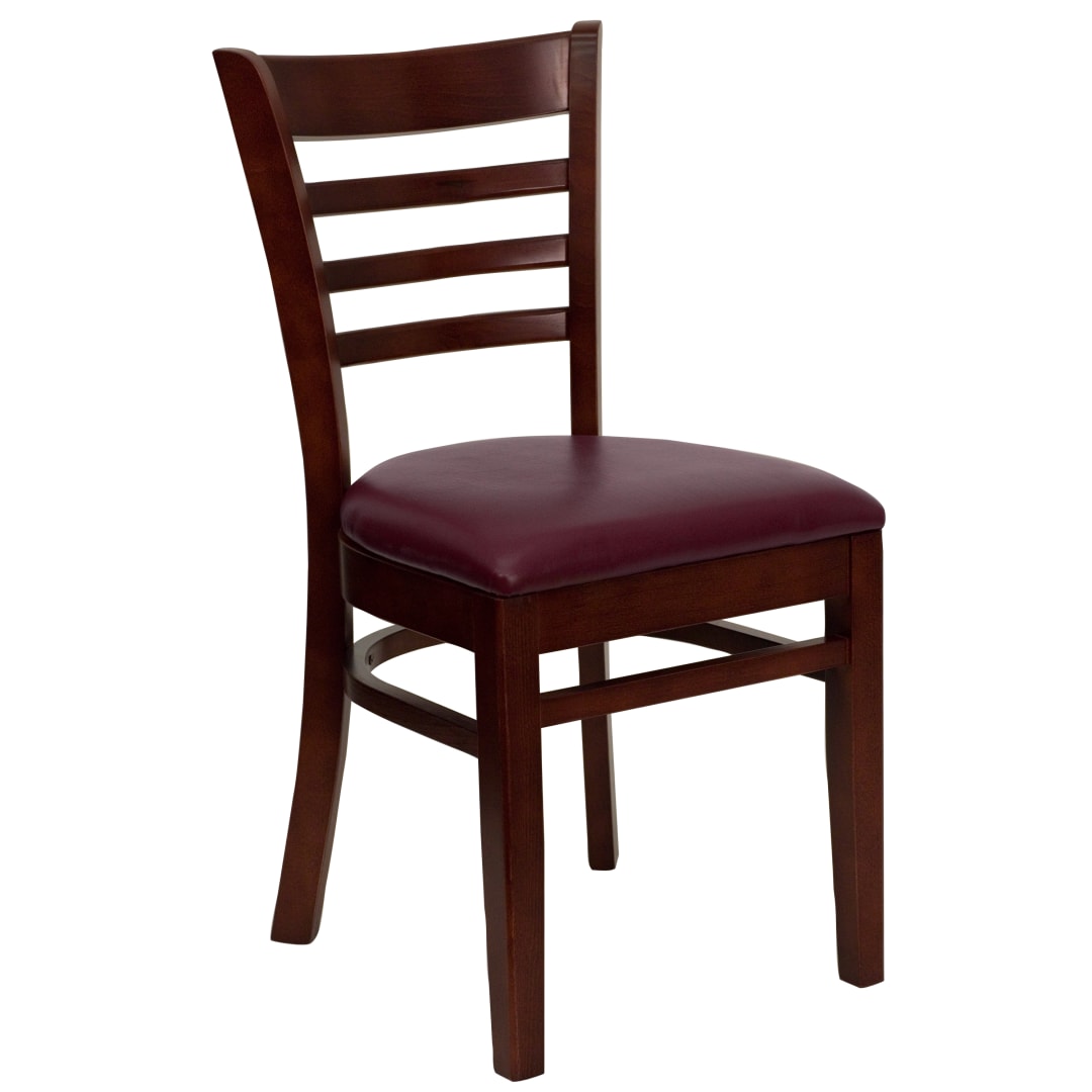 4 Pack HERCULES Series Ladder Back Mahogany Wood Restaurant Chair - Burgundy Vinyl Seat